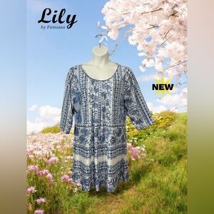 NWOT, Lily by Firmiana, Plus Size Floral Midi Dress, 2X, Blue & White
